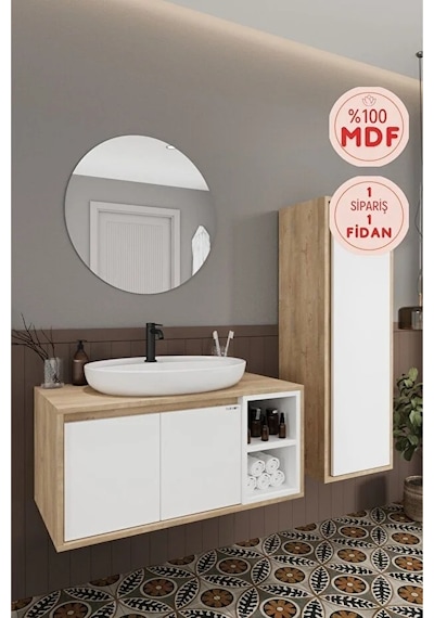 Gül Beyaz 90 Cm Banyo Dolabı Ayna Lavabo Boy Dolabı Beyaz