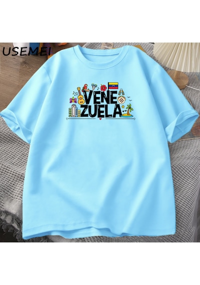 Flood Of Style Venezuela Hasta Tshirt Kadın Erkek Venezüella Con T-shirt Pamuk Kısa Kollu Baskılı Tshirt Uni Mavi