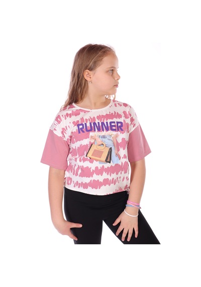 Toontoy Kids Toontoy Kız Çocuk Runner Baskılı Batikli Tişört Gülkurusu