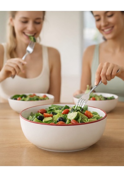 Porselen Kırmızı File Kenar Kase Salata, Çorba Ve Kahvaltılık Sunum Kasesi - 17 Cm 2'li Set Beyaz