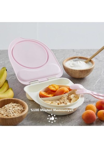 Flybee Gezgin Çocuk Taşınabilir Beslenme Kabı, Bebek Mama Kabı, Çatal & Kaşık Seti - Tilki Pembe Tilki Genel