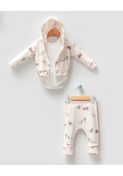 By Bubbles Piknik Desen Kapüşonlu 3'lü Bebek Takımı Ekru