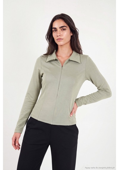 Lela Dikiş Detaylı Yarım Fermuarlı Örme Bluz Kadın Bluz 5866643 Olive