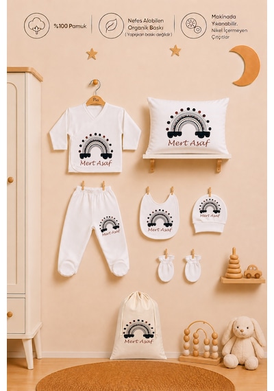 Pia Baby Erkek Bebek İsimli Hastane Çıkışı 8 Parça Zıbın Seti %100 Pamuk Battaniye Yastık Kılıfı Keseli 1086zybk0x Ekru