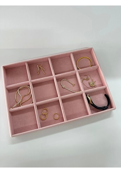 Yerli Üretim Süet Kumaş Pembe Renk 34 Cm / 24 Cm 12 Bölmeli Çekmece Içi Takı Standı Çok Renkli