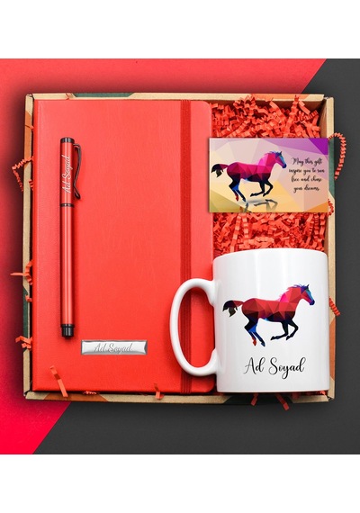 Kişiye Özel At Motifli Kupa & Kırmızı Defter & Kırmızı Roller Kalem & At Model Kart Hediye Seti