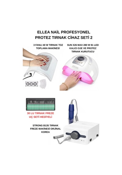 Protez Tırnak Cihaz Seti B135 Freze Cihazı & 3 Motorlu Tırnak Toz Toplama & Sun X26 Max Uv 81 Led