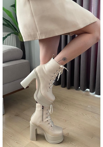 Preshley Kadın Simya Krem Bağcıklı Detaylı 12 Cm Platform Topuklu Fermuarlı Bot Krem