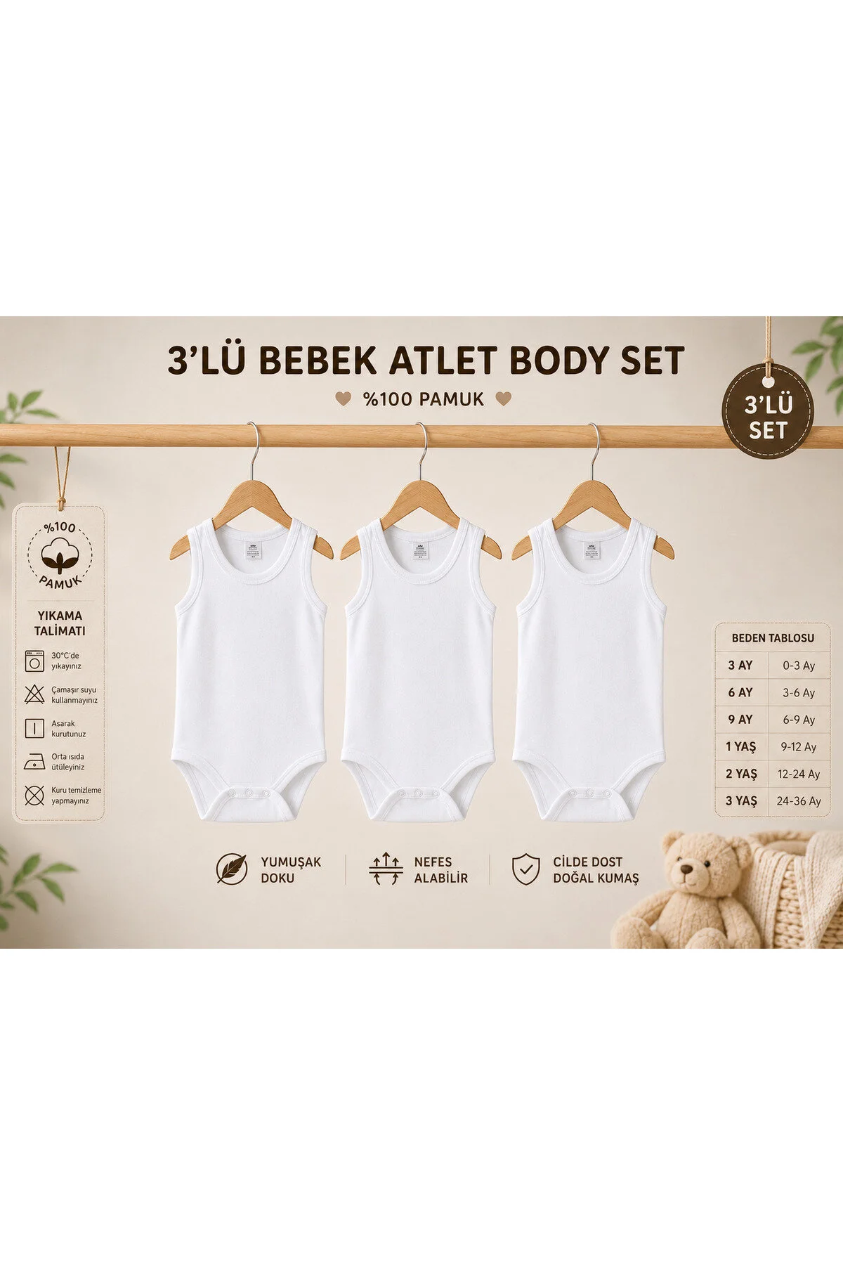 Mini Boncuk 3 Lü %100 Pamuk Unisex Bebek Atlet Body Seti Beyaz