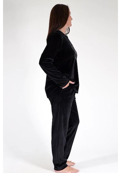 Vienetta Kadın Büyük Beden Uzun Kol Kadife Siyah Pijama Takımı C3t0n6o006 001