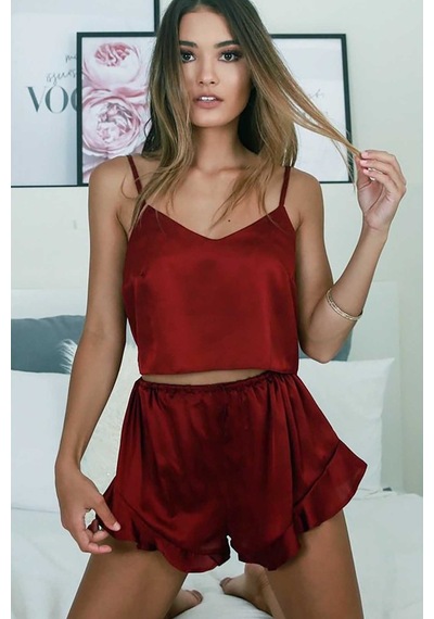 Merry See Saten Şortlu Pijama Takım Bordo