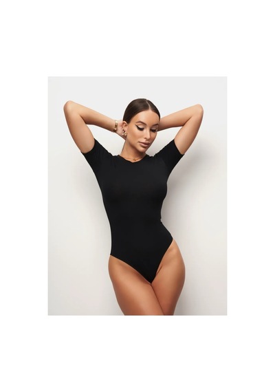 Lirona Fit Kesim - Bisiklet Yaka Kısa Kol Kancalı Body, Tesettür Body So Siyah
