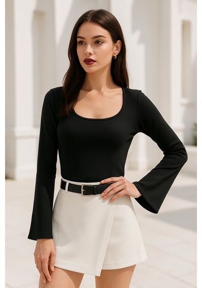 Rich Kadın Siyah Soft Touch Fitilli Çan Kollu Bluz Siyah