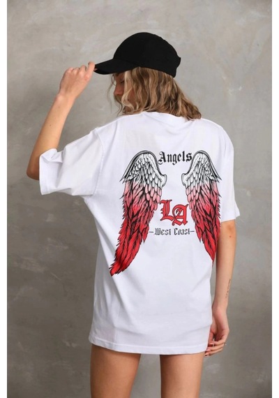 Freedom Storee Kadın Baskılı Tişört Kısa Kol Bisiklet Yaka Oversize T-shirt - Beyaz Çok Renkli