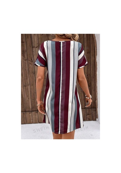Butik İstanbul Kadın Kısa Kollu V Yakalı Çizgi Baskılı Süprem Elbise Bordo