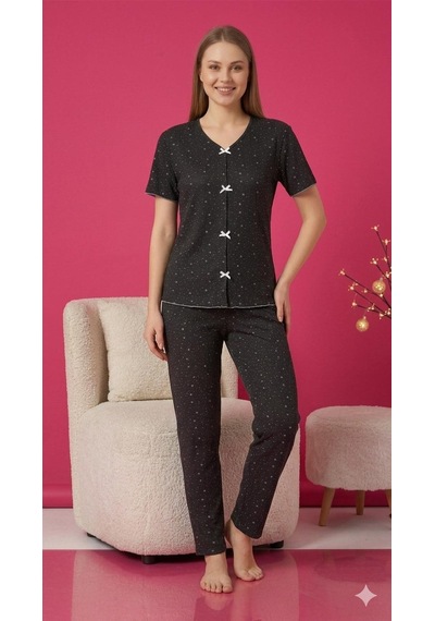 Sleeproom Yazlık Siyah Beyaz Yıldız Desenli Kısa Kol Penye %100 Pamuk Pijama Takım
