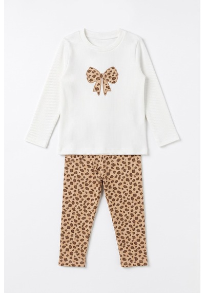 Minipomes Kız Çocuk Leopard Fine Ribana Takım Krem