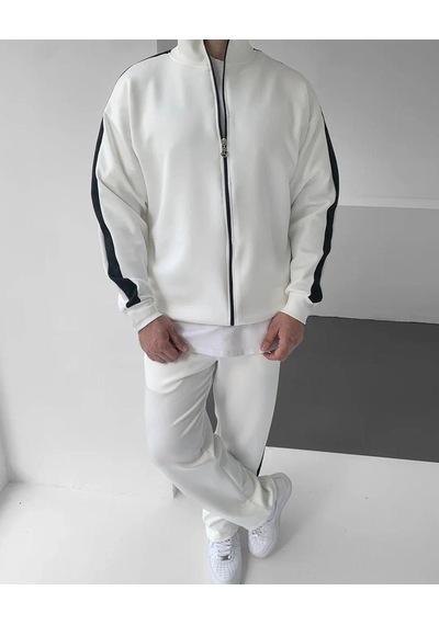 Moda Erkek Scuba Kumaş Oversize Şerit Detaylı Fermuarlı Alt Üst Eşofman Takımı - Beyaz Çok Renkli