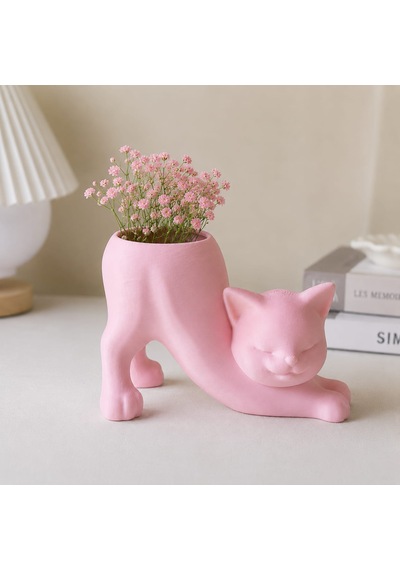 Kedi Figürlü Mini Saksı Dekoratif Saksı Pembe