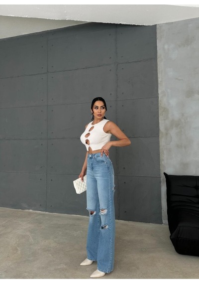 Zeo Basic Denim Wide-leg Pantolon Ön-arka Lazerli Orta Mavi Orta Mavi