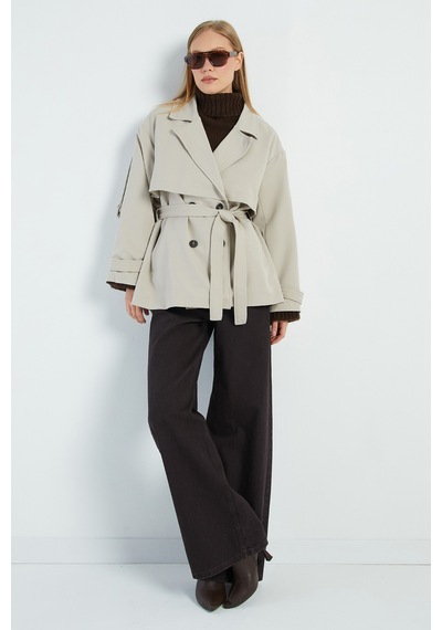Fullamoda Beli Kemerli Kruvaze Yaka Oversize Trençkot Taş