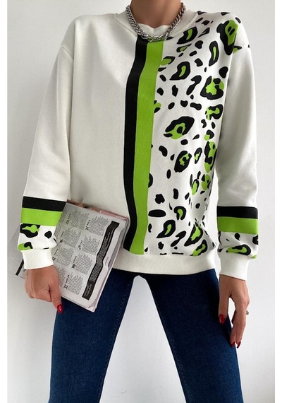 Femelle Kadın Leopar Desen Pamuk Sweatshirt Beyaz