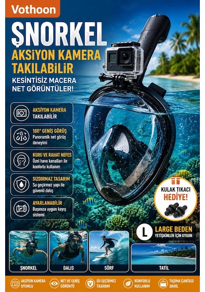 Profesyonel Tam Yüz Şnorkel Maskesi Dalış Maskesi Kulak Tıkacı Hedıye L/xl Siyah