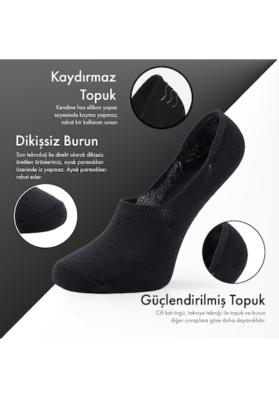 Saf Bambu Erkek Babet Çorap Dikişsiz Görünmez Kaydırmaz Topuk Silikonlu Premium Hediye Kutulu Siyah