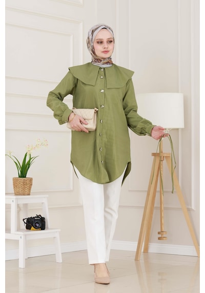 Sevitli Beli Bağcık Detaylı Geniş Yaka Tunik-yeşil-4992 Yeşil