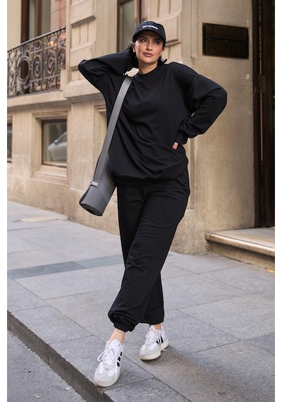 Mezka Regular Fit 2'li Takım Sweatshirt Beli Lastikli Jogger Eşofman Altı Siyah