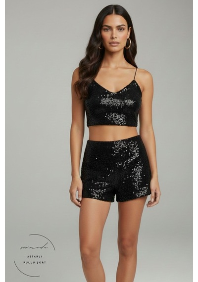 Sermoda Pullu Bluz - Pul Payetli Lastik Askılı Crop Bluz Siyah