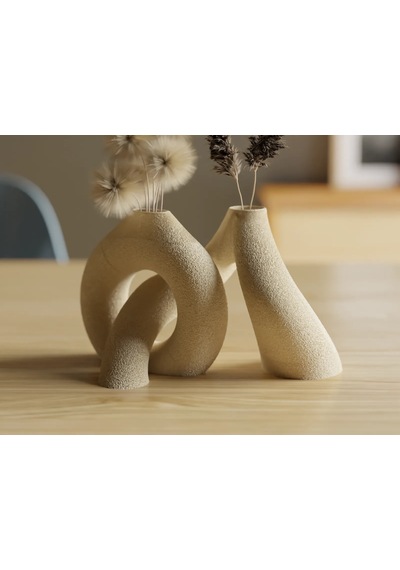 3d Baskı 2li Organik Formlu Vazo Seti Kum Dokulu Modern Kuru Çiçeklik Bej Dekoratif İkili Set Diğer