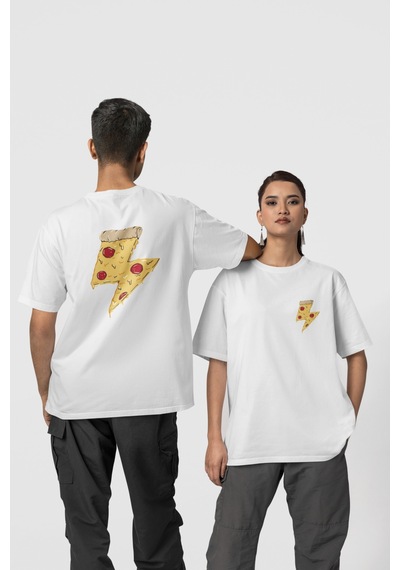 Pizza Ön-arka Baskılı %100 Pamuk Beyaz Kadın/erkek Unisex Rahat Kalıp Oversize T-shirt Beyaz