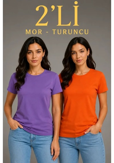 Hazego Basic Bisiklet Yaka Yazlık Slim Fit T-shirt - Mor - Turuncu Çok Renkli
