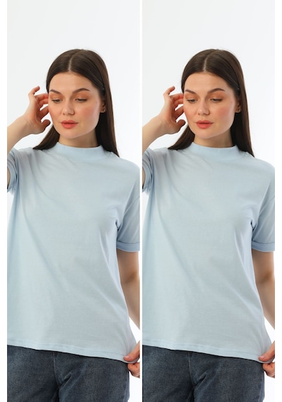 Kallima Mavi 2'Li Paket Dik Yaka Rahat Kalıp  Pamuk T-Shirt Mavi
