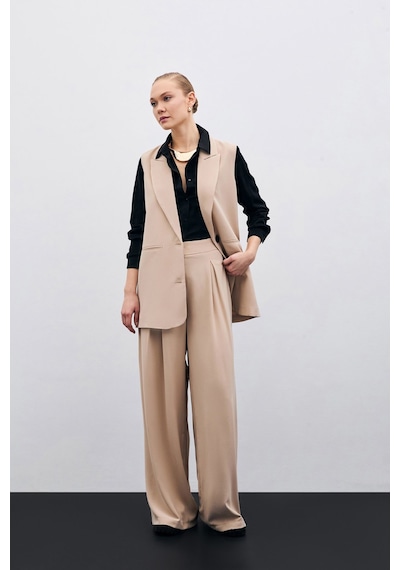 Sateen Yüksek Bel Bol Paça Pantolon - Bej-135631 Bej