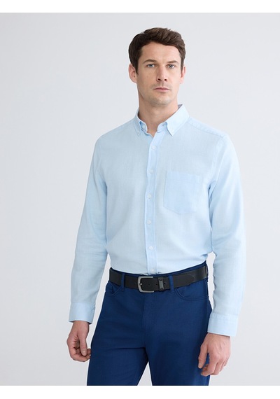 Lcwaıkıkı Classic Mavi Regular Fit Uzun Kollu Keten Karışımlı Erkek Gömlek