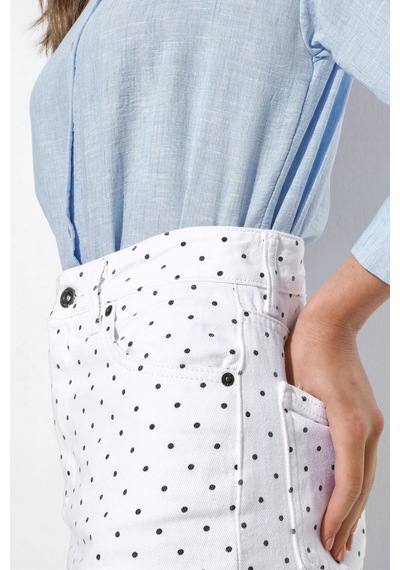 Hiccup Bdart Yüksek Bel Puantiyeli Denim Mini Etek Tozlu Beyaz