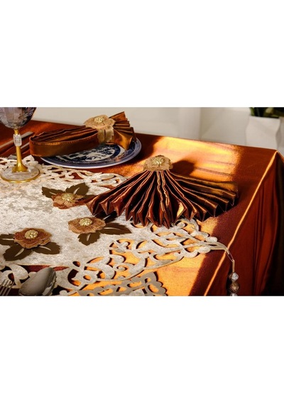 Mina Kadife Kumaş Krem Kahve Sofra Tk. 8 Kşl. 160x230 Cm 26 Prç. - 1232 Çok Renkli