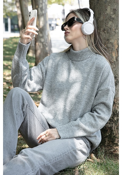 Lela Premium Oversize Fit Balıkçı Yaka Yumuşak Dokulu Triko Bayan Kazak 680Kz00469 Açık Gri