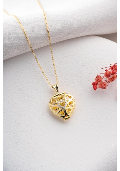 925 Ayar Gümüş Gold Kaplama Tektaş Yüzük Detay Açılabilir Kalp Model Kolye Gold