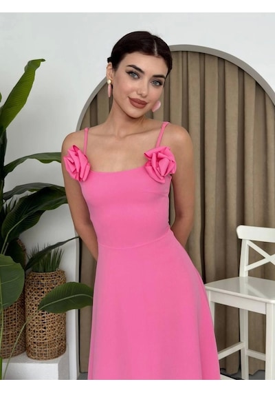 Defymoda Matilda Gül İp Askılı Elbise Pembe