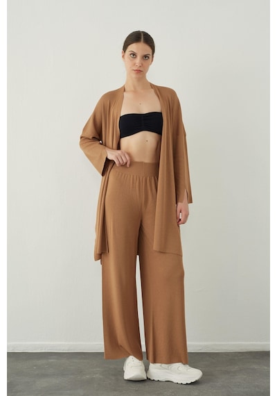 Sherin Camel Düz Yakalı Basic Triko Hırka - Camel
