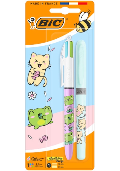 Bıc 4 Colours Kawaii Animals 4 Renkli Tükenmez Kalem + Fosforlu Kalem 2 Li Set Çok Renkli