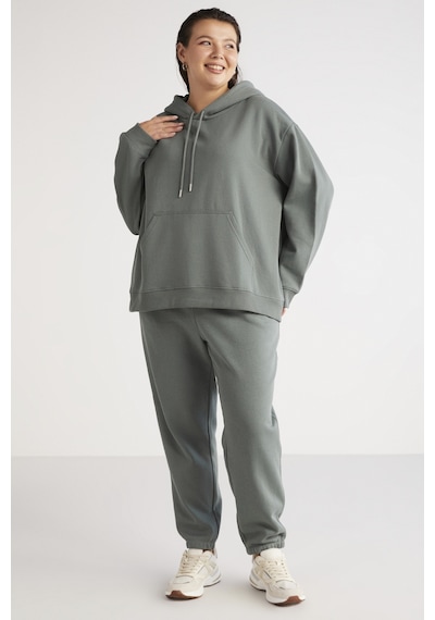 ETHIQUET TEREZABB Kadın Içi Polarlı Yumuşacık Comfort Fit Kapüşonlu Kanguru Cep Yeşil Büyük Beden Sweatshirt