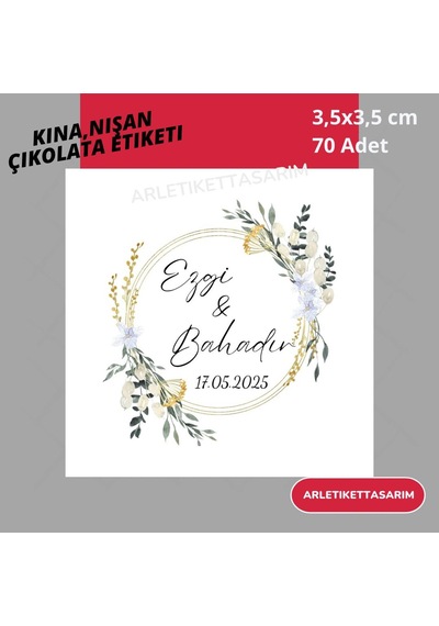 Söz, Kına, Nişan Çikolata Etiketi 3,5x3,5 Cm 70 Adet Çiçekli Çerçeveli - Arletikettasarım Beyaz