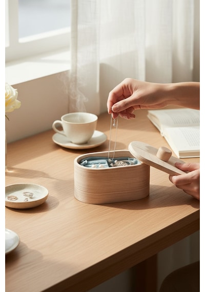 Ahşap Takı Ve Makyaj Organizeri Dekoratif Saklama Kutusu Oval Organizer