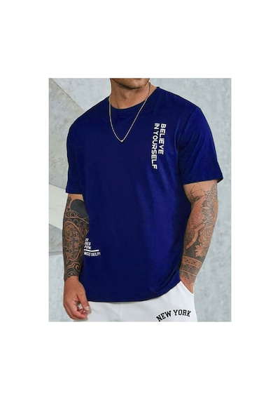Medinenur Unisex Believe Baskılı Bisiklet Yaka Tshirt Mavi