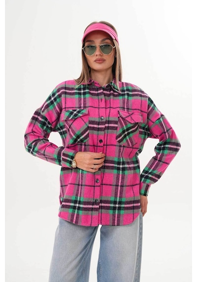 Polologin Butik Fuşya Yeşil Cepli Spor Kesim Gömlek Pembe