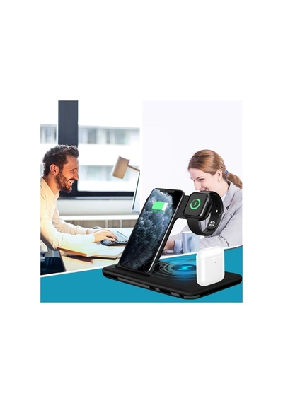 4 In1 Wireless Charger Kablosuz Şarj Istasyonu Standı 15 Watt Android Ve Ios Uyumlu Siyah